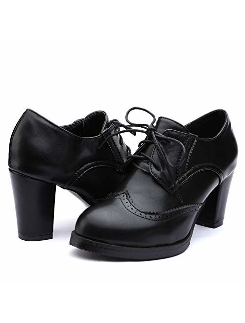 Odema Womens PU Leather Oxfords Brogue Wingtip Lace up Dress Shoes Chunky High Heels Pumps Oxfords