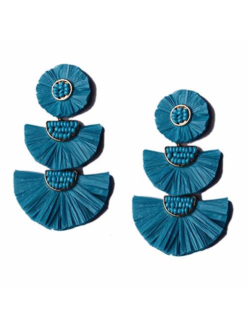 L&N Rainbery Bohemian Handmade Drop Earrings Fashion Beaded Raffia Palm Earrings for Women Tiered Dangle Statement Earrings