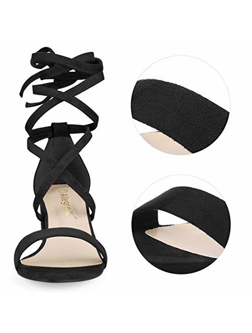 Allegra K Women's Open Toe Lace Up Mid Chunky Heeled Sandals