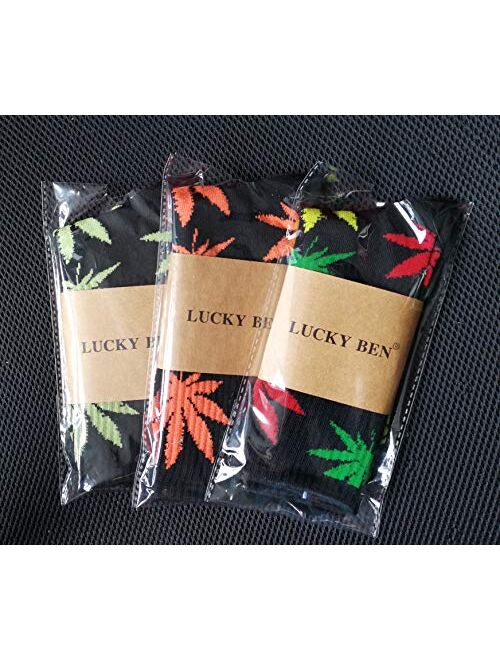 Lucky Ben 4pair-pack Marijuana Weed Leaf Printed Cotton High Socks, Mix Colors, fit for shoe size 7-11
