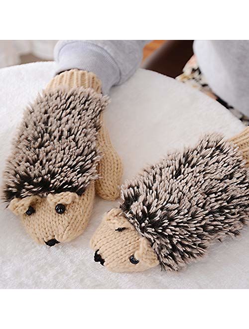 Pusheng Women Winter Cartoon Gloves Thick Knit Hottest Hedgehog Mittens for Christmas,New Year's Gift