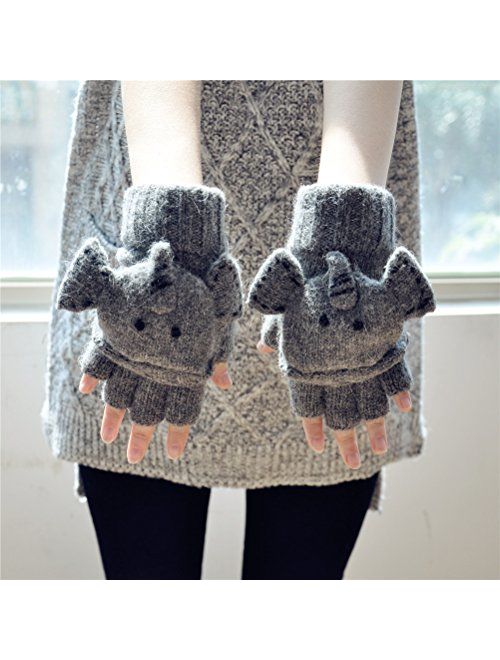 YAN & LEI Elephant Knitted Gloves for Women, One Size, Gray