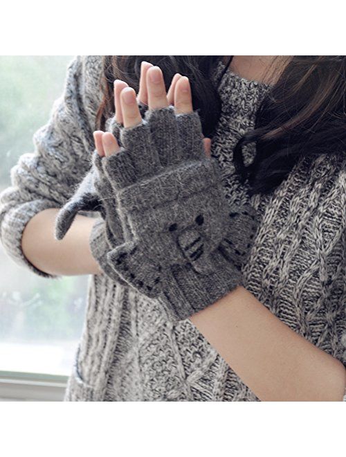 YAN & LEI Elephant Knitted Gloves for Women, One Size, Gray
