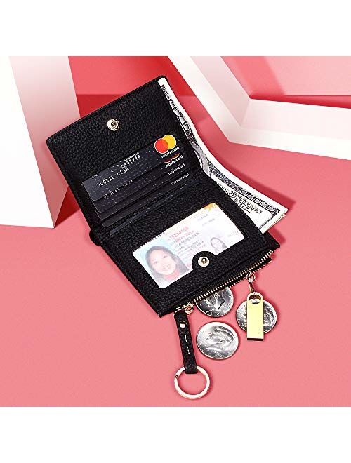 Small Compact Bifold Keychain Wallets for Women Girls Credit Card Holder Zipper Coin Purse