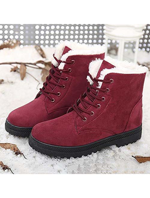 SHIBEVER Winter Boots for Women Platform Cotton Warm Fur Snow Ankle Boot Lace Up Flat Booties Cute Plus Size Shoes