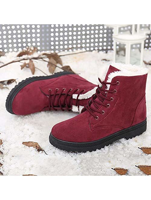 SHIBEVER Winter Boots for Women Platform Cotton Warm Fur Snow Ankle Boot Lace Up Flat Booties Cute Plus Size Shoes