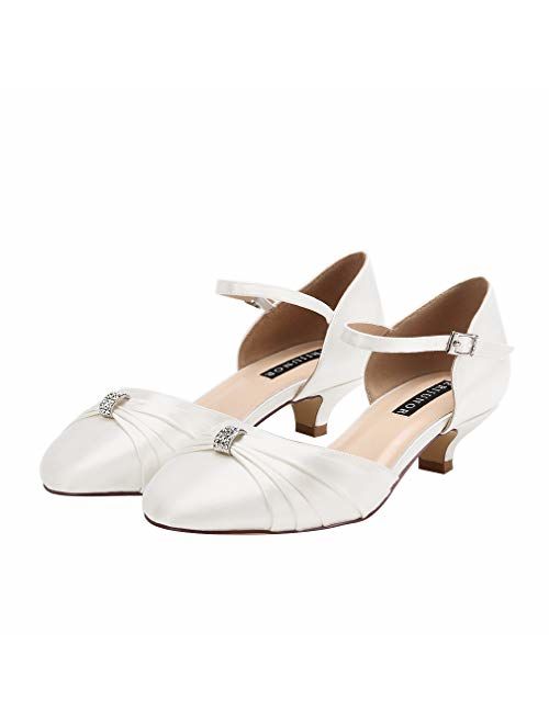 ERIJUNOR Women Comfort Low Kitten Heel Buckle Ankle Strap Dyeable Satin Bridal Wedding Shoes