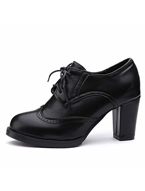 Odema Womens PU Leather Oxfords Brogue Wingtip Lace up Dress Shoes Chunky High Heels Pumps Oxfords