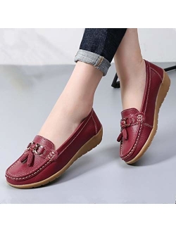 RVROVIC Women Loafers Leather Rubber Sole Slip On Walking Flats Casual Moccasin Boat Shoes