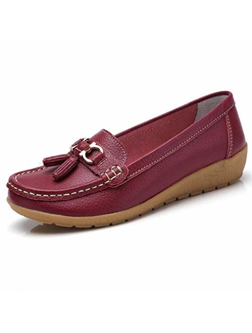 RVROVIC Women Loafers Leather Rubber Sole Slip On Walking Flats Casual Moccasin Boat Shoes