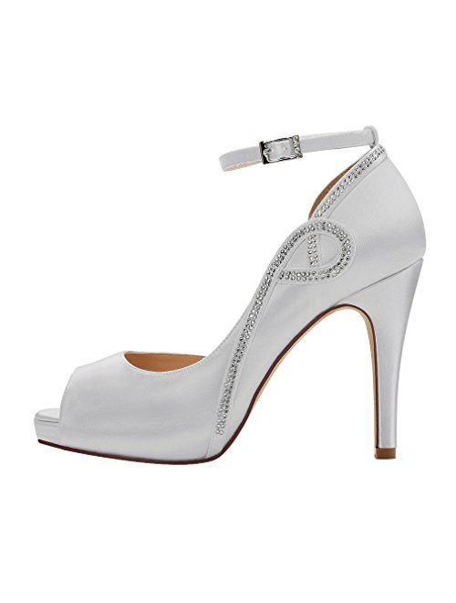 ERIJUNOR Women Peep Toe Side Open Rhinestones Comfortable Platform Satin Bridal Wedding Party Shoes