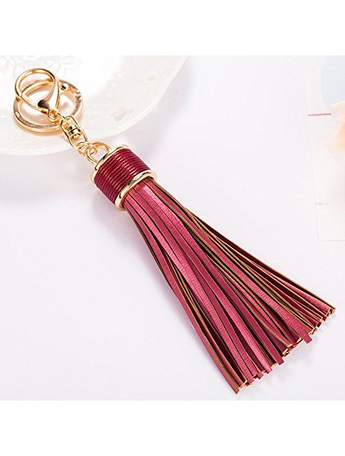 ZOONAI Women Leather Tassels Keychain Car Circle Key Rings Gift Bag Hanging Buckle