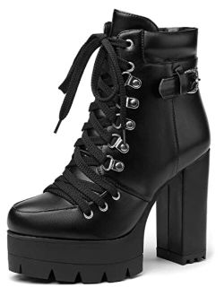 Susanny Womens Sexy Martin Boots Platform Chunky High Heels Ankle Booties Lace Up Zipper Autumn Winter Shoes