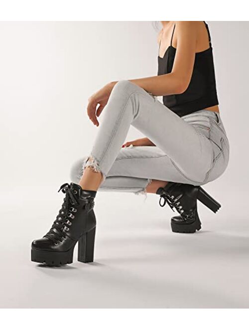 Susanny Womens Sexy Martin Boots Platform Chunky High Heels Ankle Booties Lace Up Zipper Autumn Winter Shoes