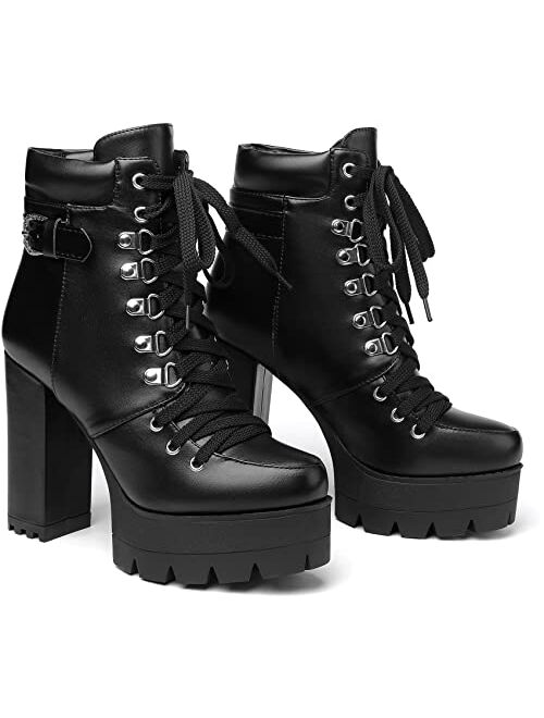 Susanny Womens Sexy Martin Boots Platform Chunky High Heels Ankle Booties Lace Up Zipper Autumn Winter Shoes