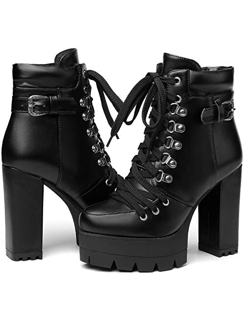 Susanny Womens Sexy Martin Boots Platform Chunky High Heels Ankle Booties Lace Up Zipper Autumn Winter Shoes