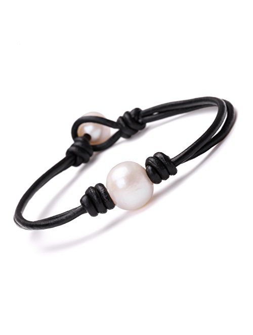 Single Cultured Freshwater Pearl Bracelet Handmade Leather Pearl Jewelry for Women Girls 7''