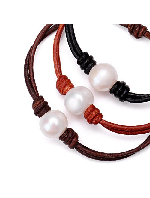 Single Cultured Freshwater Pearl Bracelet Handmade Leather Pearl Jewelry for Women Girls 7''