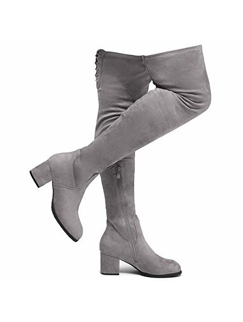 Shoe Land CARAA Womens Suede Thigh High Stretchy Boots- Block Heel Side Zipper Back Lace Over The Knee Casual Boots