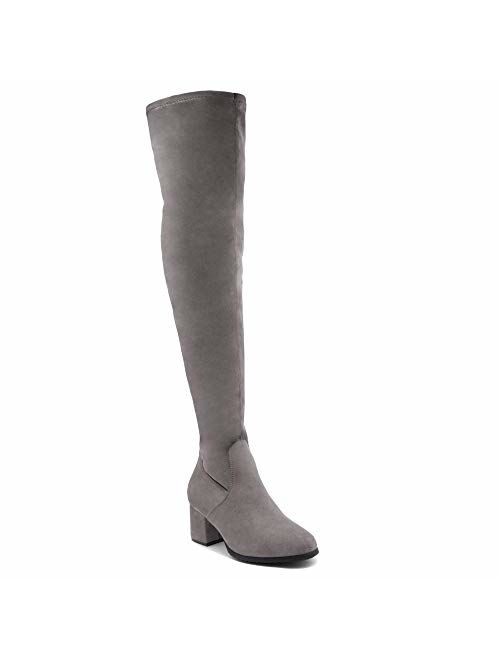 Shoe Land CARAA Womens Suede Thigh High Stretchy Boots- Block Heel Side Zipper Back Lace Over The Knee Casual Boots
