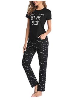 EISHOPEER Women's Pajama Set Cute Printed Cotton Top and Pants Sleepwear Pjs Sets