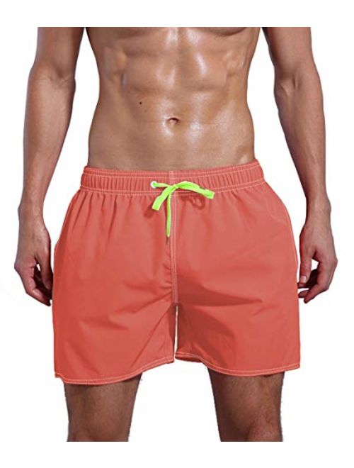 QRANSS Mens Quick Dry Swimming Trunks Bathing Suit Shorts Striped Mesh Liner 