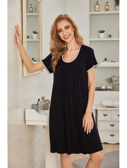 Women's Nightgown Short Sleeve Sleepwear Comfy Sleep Shirt Pleated Scoopneck Nightshirt S-XXL
