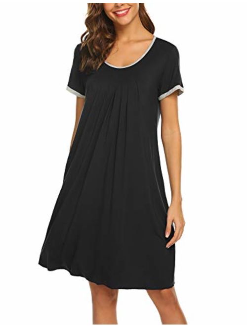 Ekouaer Women's Nightgown Short Sleeve Sleepwear Comfy Sleep Shirt Pleated Scoopneck Nightshirt S-XXL