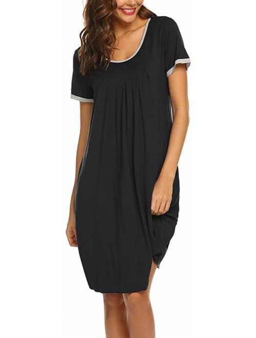 Ekouaer Women's Nightgown Short Sleeve Sleepwear Comfy Sleep Shirt Pleated Scoopneck Nightshirt S-XXL