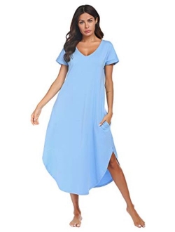 Sleepwear Women's Casual V Neck Nightshirt Short Sleeve Long Nightgown S-XXL