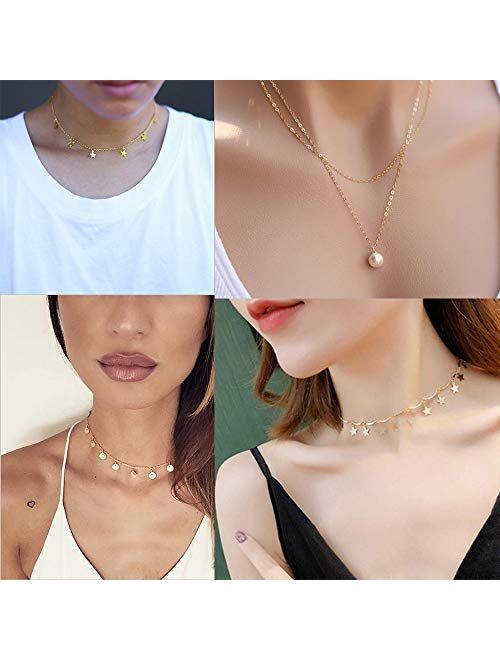 Dremcoue 12 Pcs Layered Choker Necklace for Women Girls Handmade Dainty Chain Necklace Set Pearl Coin Circle Bar Moon CZ Star Pendant Necklace