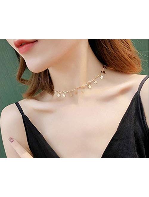Dremcoue 12 Pcs Layered Choker Necklace for Women Girls Handmade Dainty Chain Necklace Set Pearl Coin Circle Bar Moon CZ Star Pendant Necklace