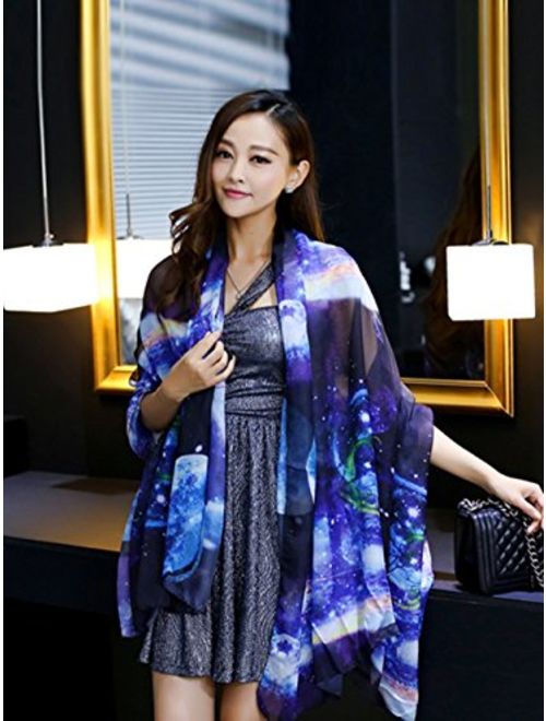 JOYJULY Starry Sky Galaxy Star Space Printing Chiffon Long Wrap Scarves with Gift Box