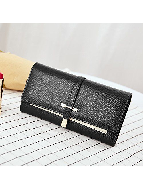 Leather Wallet for Women Slim Clutch Long Designer Trifold Ladies Credit Card Holder Organizer