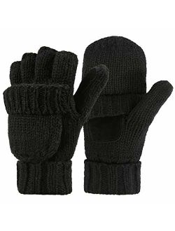 Bodvera Thermal Insulation Fingerless Texting Wool Gloves Unisex Winter Warm Knitted Convertible Mittens Flap Cover 