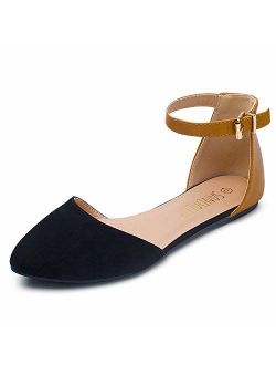 SANDALUP Pointy Toe Flats with Adjustable Ankle Strap Buckle for Women