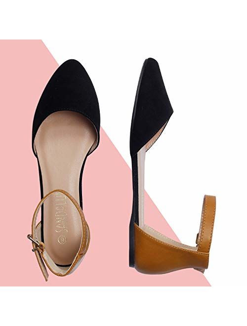SANDALUP Pointy Toe Flats with Adjustable Ankle Strap Buckle for Women