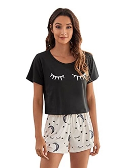 Women's Sleepwear Closed Eyes Print Tee and Shorts Pajama Set