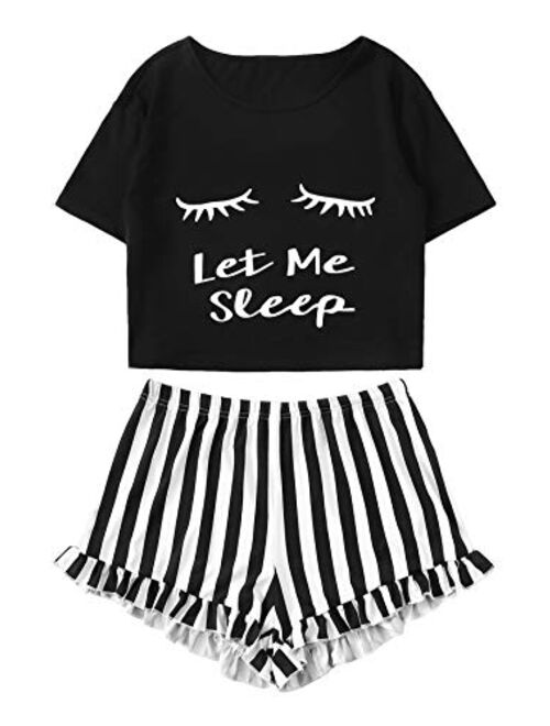 WDIRARA Women's Sleepwear Closed Eyes Print Tee and Shorts Pajama Set