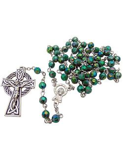 Green Irish Rosary with Celtic Cross. Material: Acrylic 6 Mm Bead Size: 19" L, 1 3/4" Crucifix