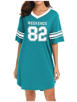 Women's Nightgown, Cotton Sleep Shirt V Neck Short Sleeve Loose Comfy Pajama Sleepwear S-XXL