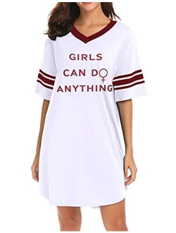 Women's Nightgown, Cotton Sleep Shirt V Neck Short Sleeve Loose Comfy Pajama Sleepwear S-XXL