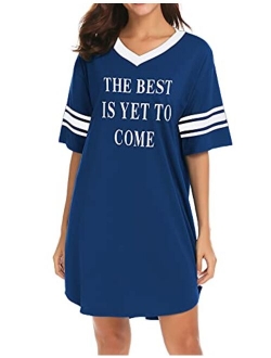 Women's Nightgown, Cotton Sleep Shirt V Neck Short Sleeve Loose Comfy Pajama Sleepwear S-XXL