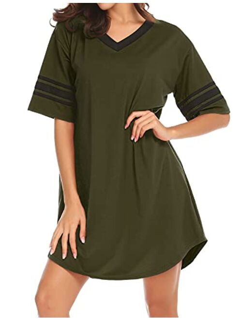 Ekouaer Womens Nightgown Cotton Sleep Shirt V Neck Short Sleeve Loose Comfy Pajama Sleepwear S-XXL