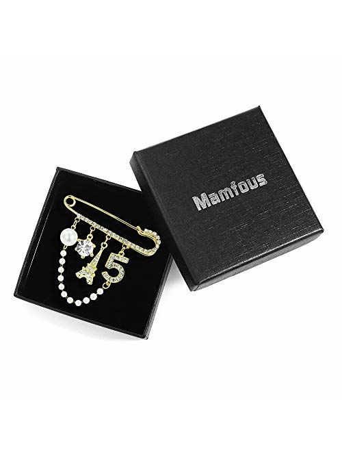 Mamfous Vintage Crown Number 5 Lapel Pins and Brooches for Women Rhinestone Jewelry with Simulated Pearl