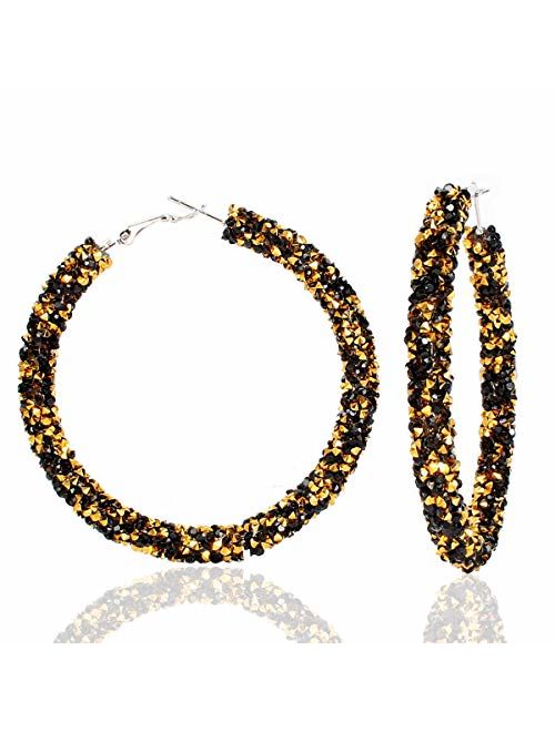 Glitter Hoop Earrings Bohemian Sparkle Resin Rhinestone Wrapped Big Hoop Dangle Earrings Circle Jewelry for Women Girls