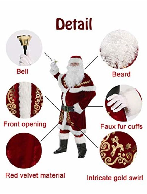 Halfjuly Mens Santa Costume Set Christmas 12pcs Deluxe Velvet Adult Santa Claus Suit