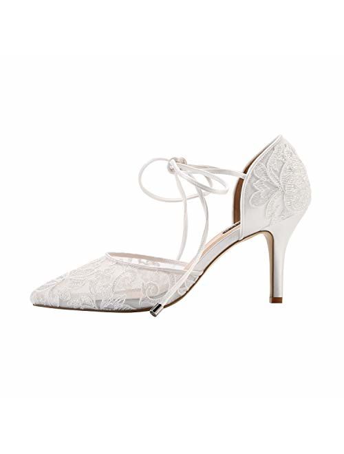 ERIJUNOR Ivory Lace Mesh Satin Bridal Wedding Shoes for Women Comfortable Mid Heel Tie Up Ankle Strap Pointy Toe Pumps