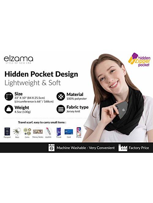 Elzama Infinity Loop Solid Color Scarf With Hidden Zipper Pocket For Women - Lightweight Travel Neck Wrap