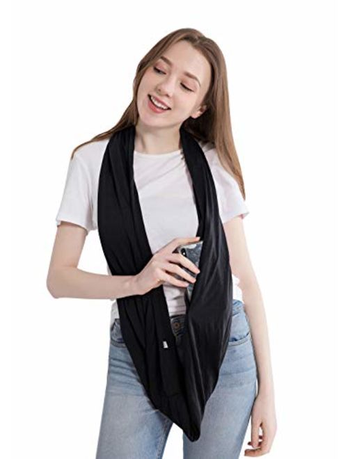 Elzama Infinity Loop Solid Color Scarf With Hidden Zipper Pocket For Women - Lightweight Travel Neck Wrap